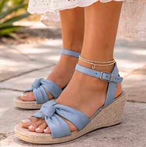 Bueno Jackie Denim Blue Leather Espadrille Wedge Sandals | Size 38